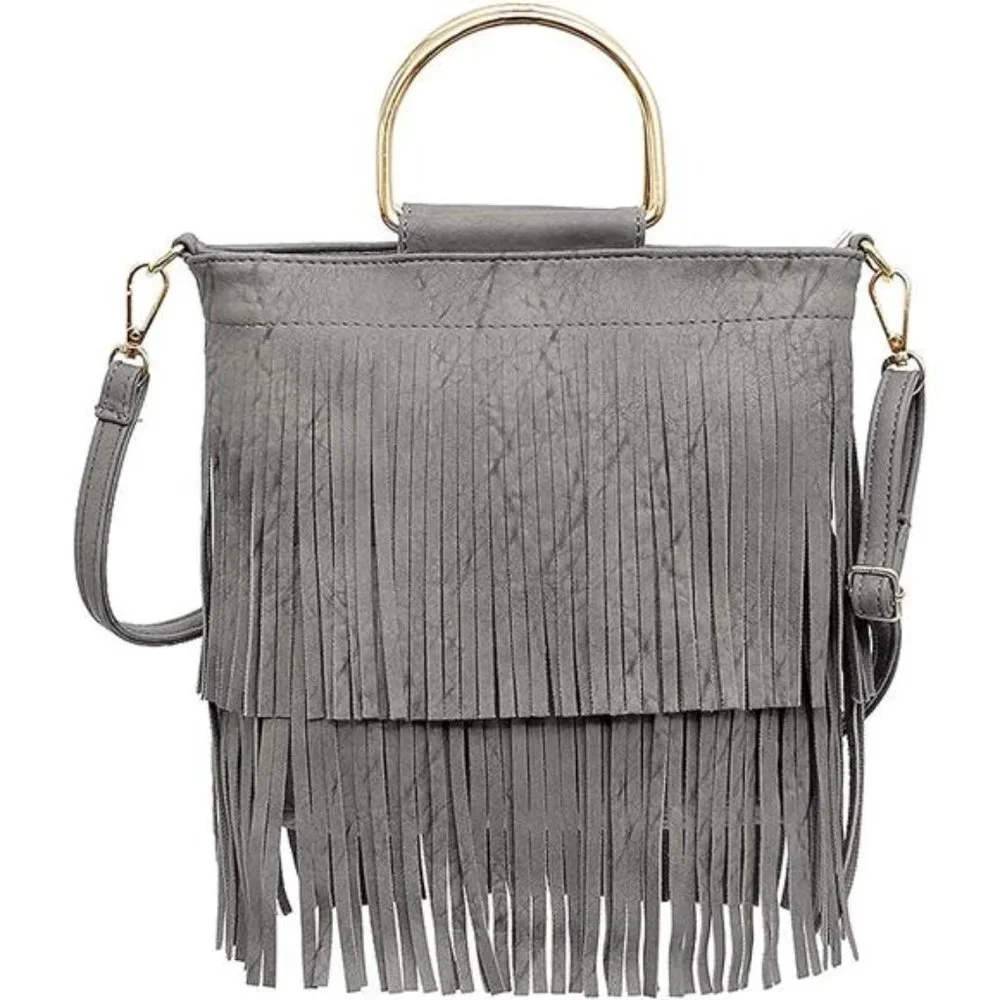 Gray Fringe Tassel‎ Fringe Crossbody Bag Leather Shoulder Bag Hobo Handbag Purse